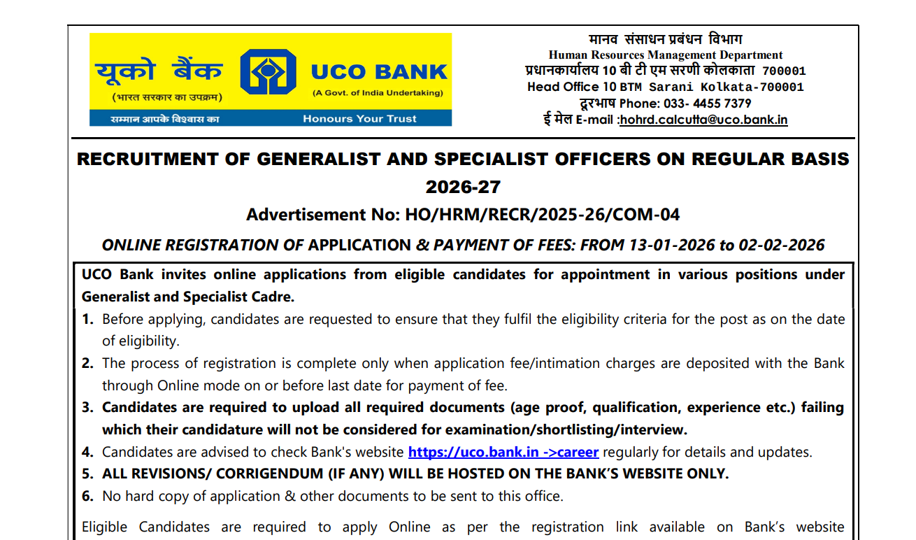 UCO Bank Specialist Officer SO Recruitment 2026